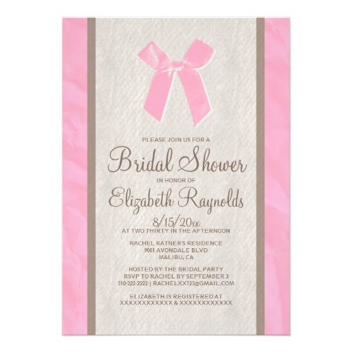 Pink Brown Vintage Bow Linen Bridal Shower Invites