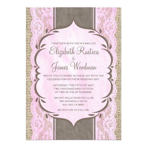 Pink Brown Vintage Linen Burlap Wedding Invitation