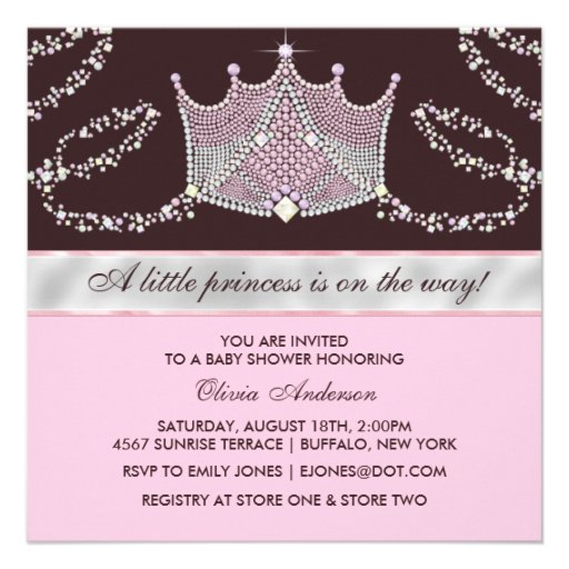 Pink BrownTiara Baby Girl Princess Baby Shower Personalized Announcement