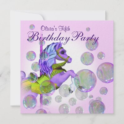 Pink Bubbles Carousel Pony Girls Birthday Party Custom Invitations by 