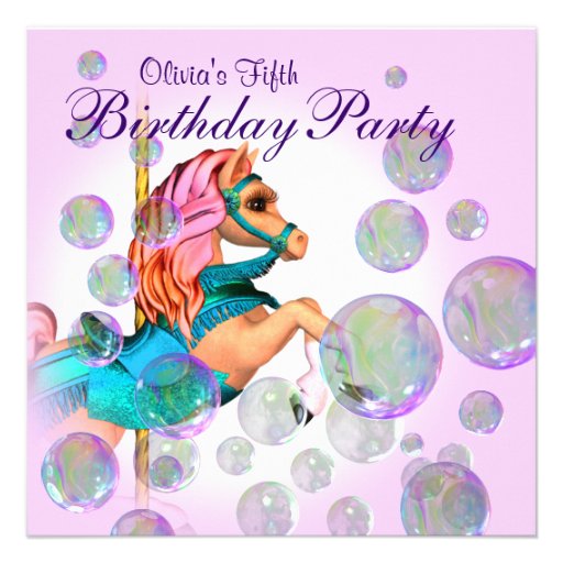 Pink Bubbles Carousel Pony Girls Birthday Party Custom Invitations