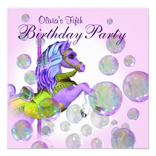 Pink Bubbles Carousel Pony Girls Birthday Party Custom Invitations