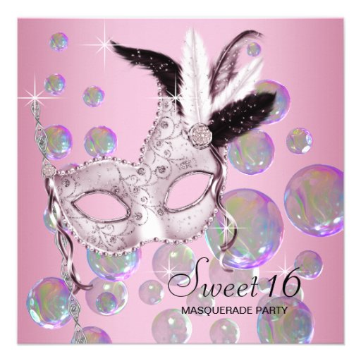Pink Bubbles Sweet Sixteen Masquerade Party Invites
