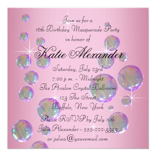 Pink Bubbles Sweet Sixteen Masquerade Party Invites