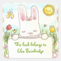 Pink bunny bookplate square sticker