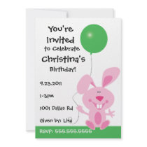 Pink Bunny Holding Green Balloon Birthday Invite