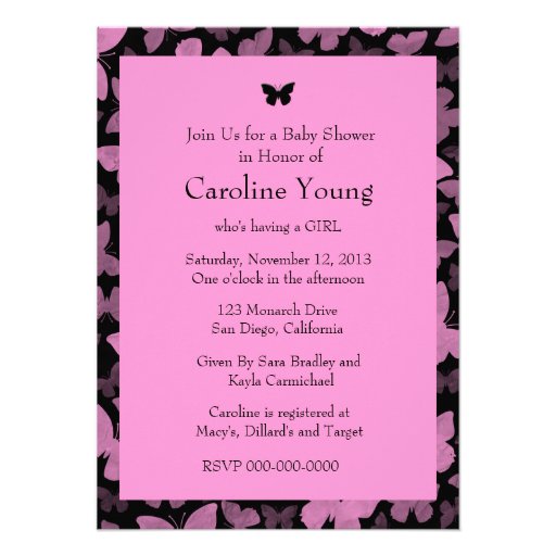 Pink Butterflies on Black Custom Announcements