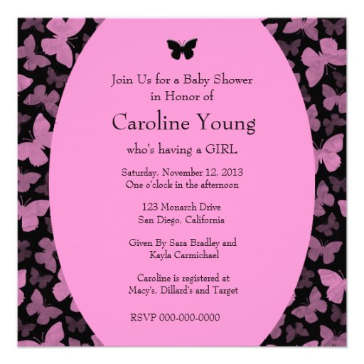 Pink Butterflies on Black Invitations