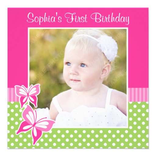 Pink Butterfly Green Polka Dot 1st Birthday Photo Announcement