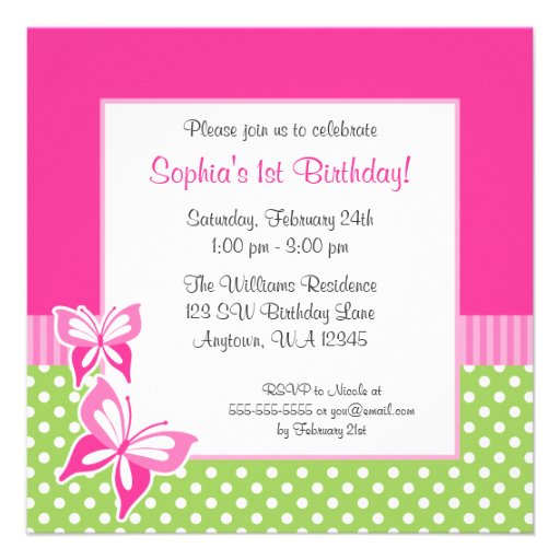 Pink Butterfly Green Polka Dot 1st Birthday Photo Announcement