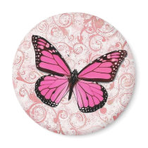 Pink Butterfly on Pink Flourish magnets by JuJuGarden Pink Butterfly on Pink Flourish magnets