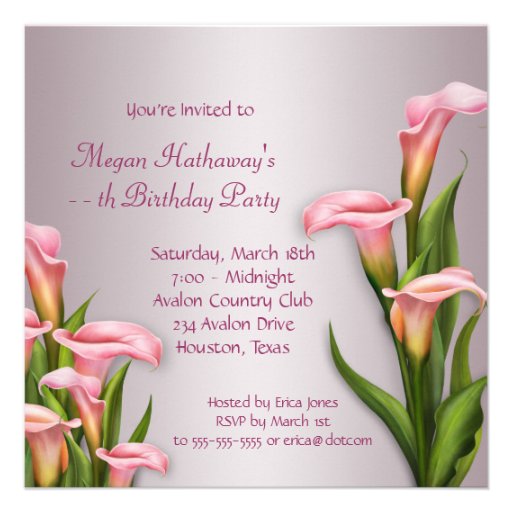 Pink Calla Lily Birthday Party Invitation Template