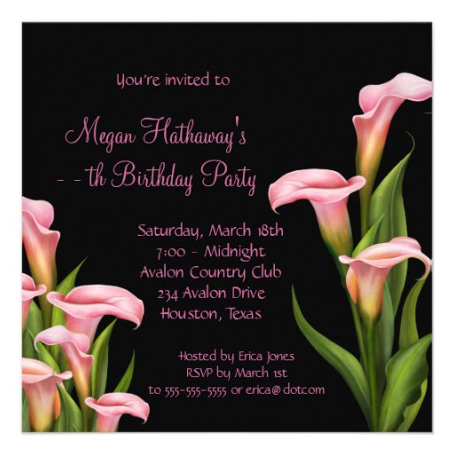Pink Calla Lily Black Birthday Party Custom Invitation