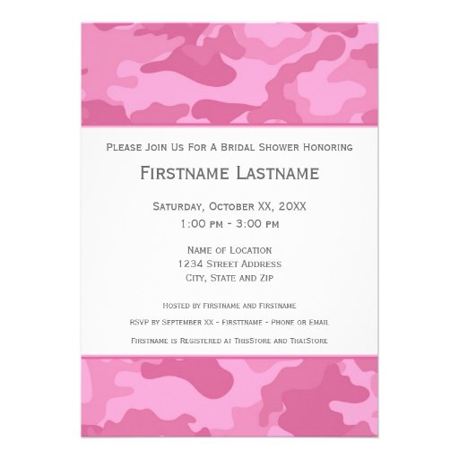 Pink Camo Bridal Shower or Engagement Party Personalized Invitations