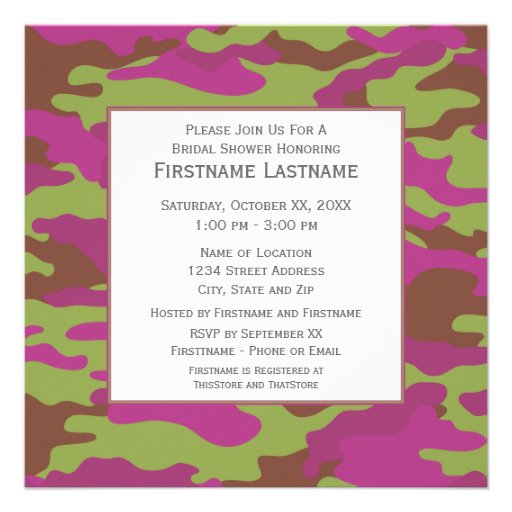 Pink Camo Bridal Shower or Engagement Party Announcements (front side)