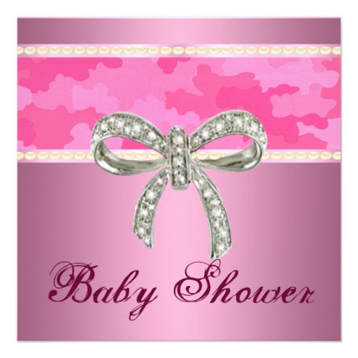 Pink Camo Diamond Bow Baby Shower Invitation