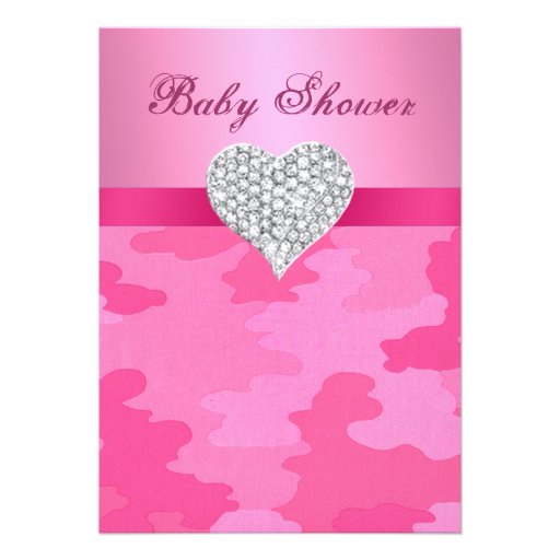 Pink Camo Diamond Heart Baby Shower Invitation 5" X 7" Invitation Card