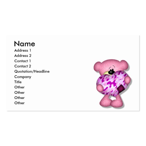 pink camo heart bear business card (front side)