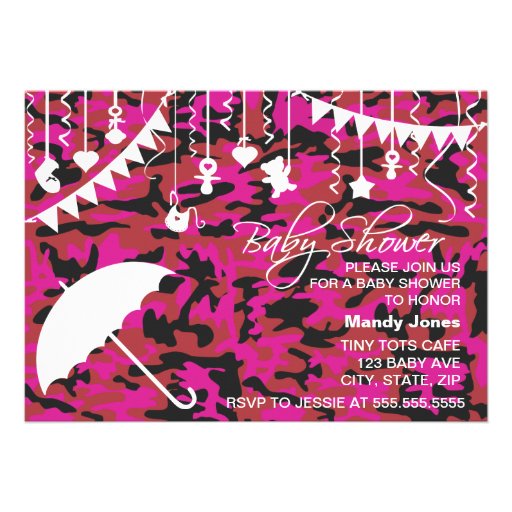Pink Camo umbrella modern baby shower invitations