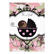 Pink Camouflage African American Baby Girl Shower Invitations