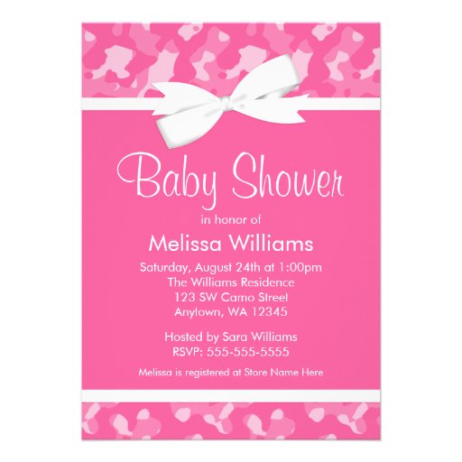 Pink Camouflage Printed Bow Baby Shower Custom Announcement