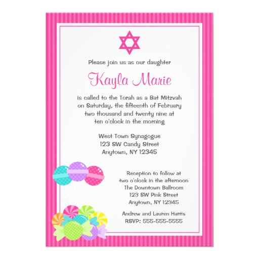 Pink Candy Stripes Bat Mitzvah Invitations (front side)