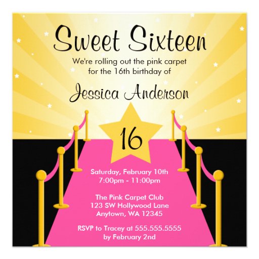 Pink Carpet Hollywood Sweet 16 Birthday Party Custom Invitations