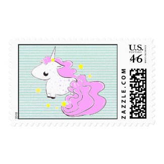 Pink cartoon unicorn with stars postage stamp
