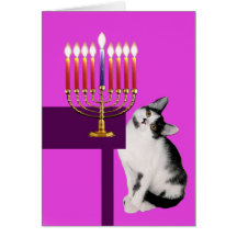 Pink Cat and Menorah Hanukkah Card