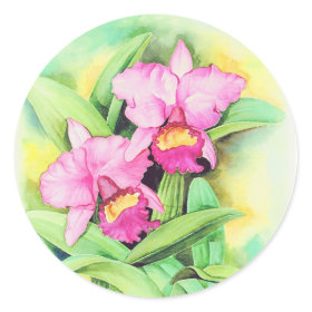 Pink Catleya Orchid Flower Art - Multi Classic Round Sticker