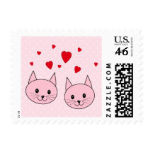 Pink cats with love hearts. stamps