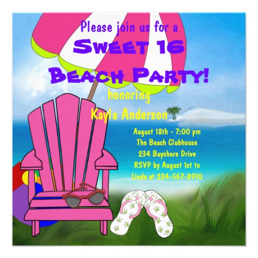 Pink Chair Flip Flops Sweet 16 Beach Party Announcements (front side)