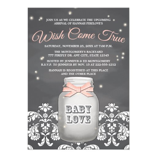 Pink Chalkboard Firefly Mason Jar Baby Shower Custom Announcements