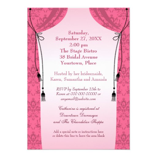 Pink Chandelier and Damask Curtains Bridal Shower Personalized Announcements