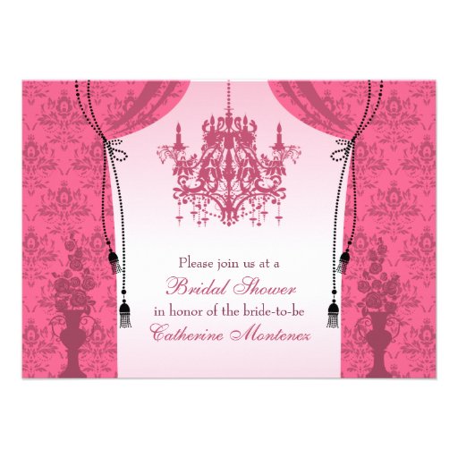 Pink Chandelier and Damask Curtains Bridal Shower Personalized Announcements