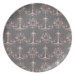 pink chandelier damask on deep gray plates