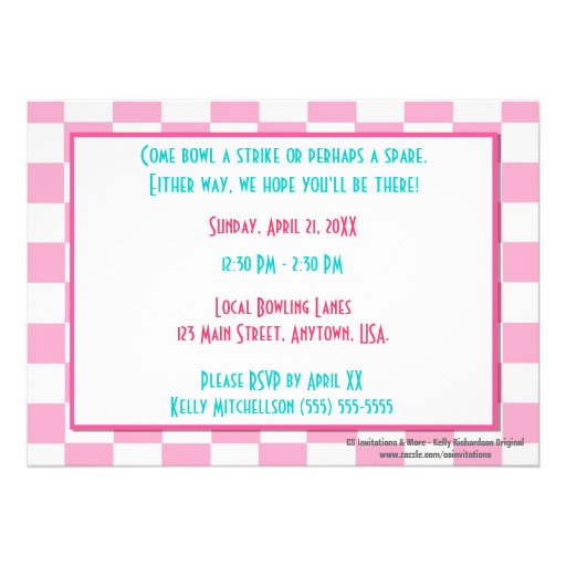 Pink Checkers Rock And Bowl Bowling Birthday Party Invite