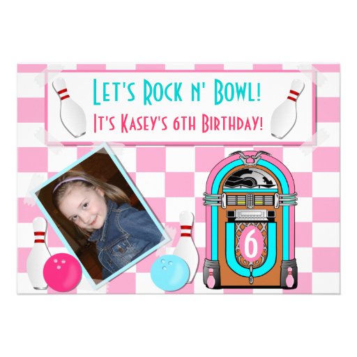 Pink Checkers Rock And Bowl Bowling Birthday Party Invite