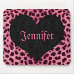 Pink Cheetah Print Black Heart - Custom Name Mouse Pads
