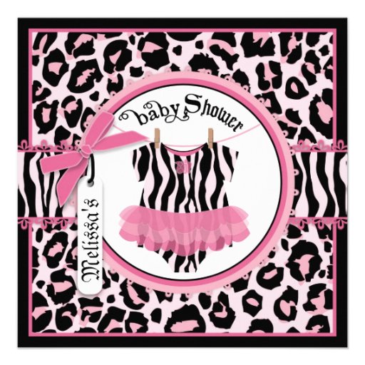 Pink Cheetah Print Rock Star Tutu Baby Shower Personalized Invites (front side)