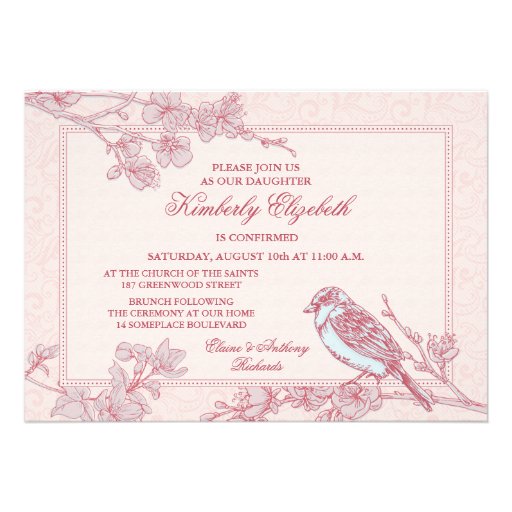 Pink Cherry Blossom Bird Confirmation Invitation