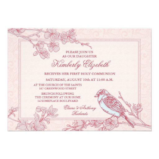 Pink Cherry Blossom Bird First Communion Invitations