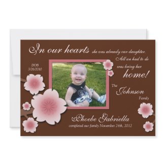 Pink Cherry Blossom & Brown Adoption Announcements invitation