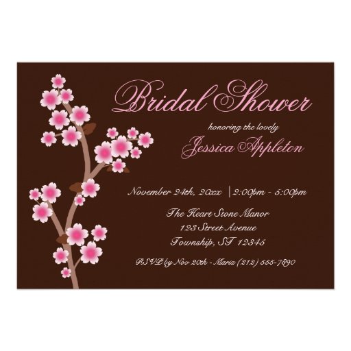 Pink Cherry Blossom Brown Bridal Shower Custom Announcement