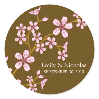 Pink Cherry Blossom/Brown Wedding Invitation Seal Round Stickers