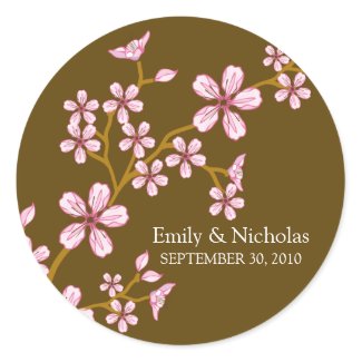 Pink Cherry Blossom/Brown Wedding Invitation Seal Round Stickers