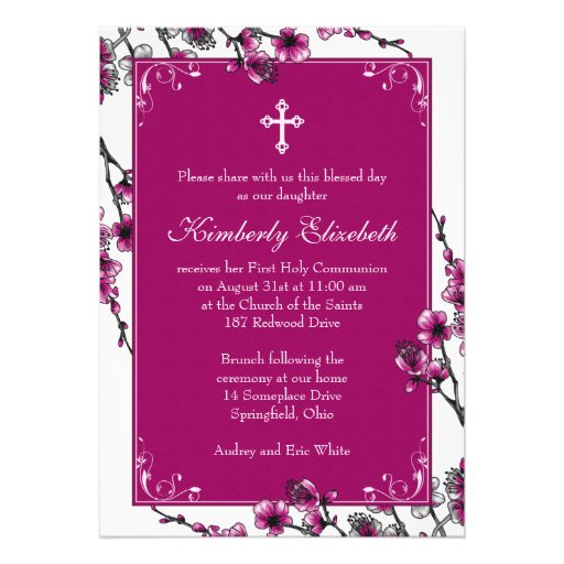 Pink Cherry Blossom First Communion Invitation