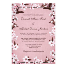 Pink Cherry Blossoms Border Wedding Invitation