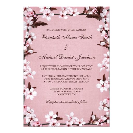 Pink Cherry Blossoms Border Wedding Invitation