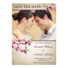 Pink Cherry Blossoms Tan Photo Save the Date Personalized Invitation